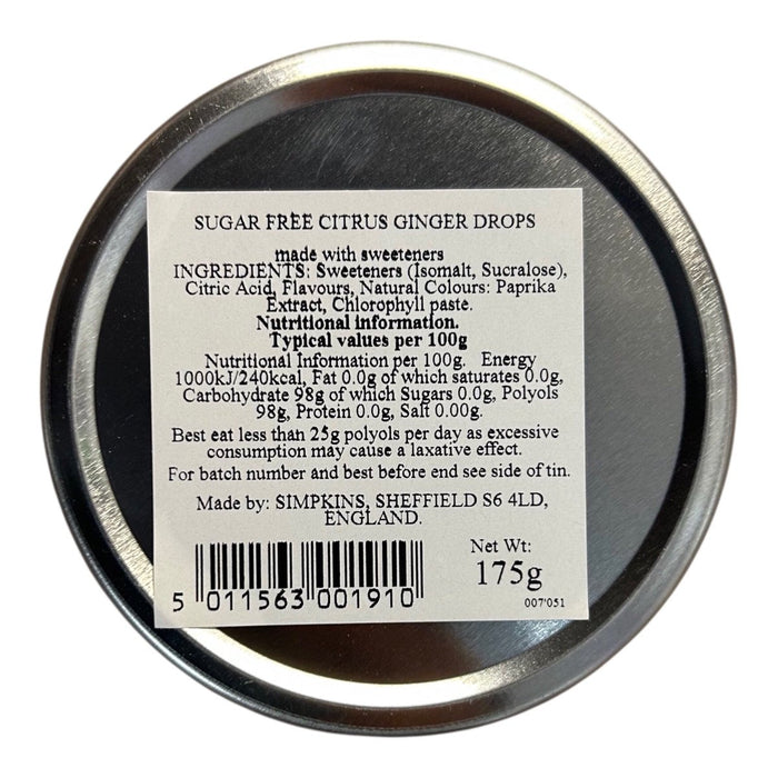Simpkins Sugar Free Citrus Ginger Drops Travel Tin 150g - Happy Candy UK LTD