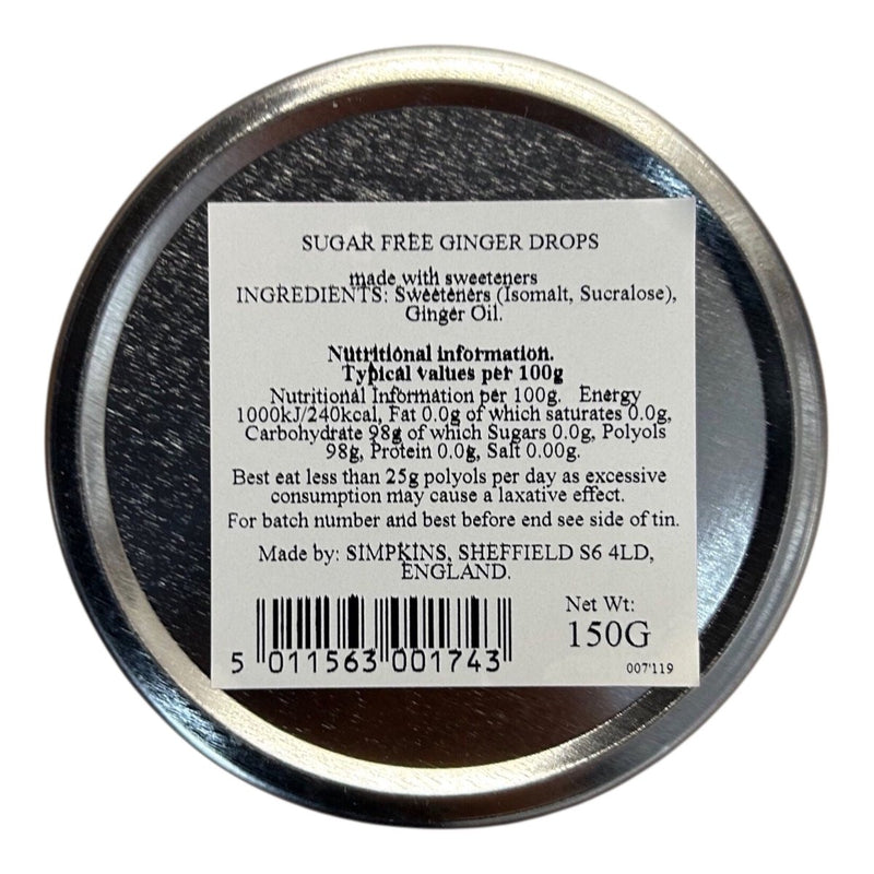 Simpkins Sugar Free Ginger Drops Travel Tin 150g - Happy Candy UK LTD