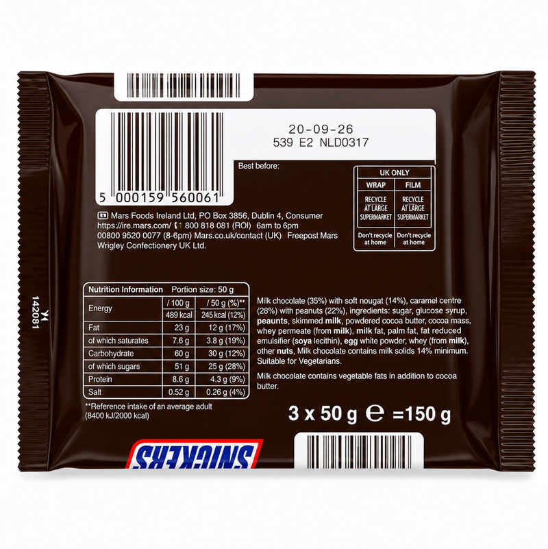 Snickers Peanut Multipack Chocolate Bars 3 Pack 150g