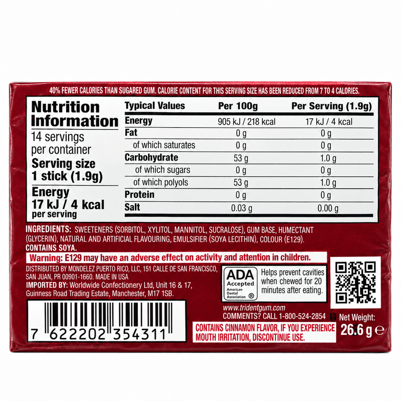 Trident CINNAMON 14 Sticks Sugar Free Chewing Gum (USA) 26.6g