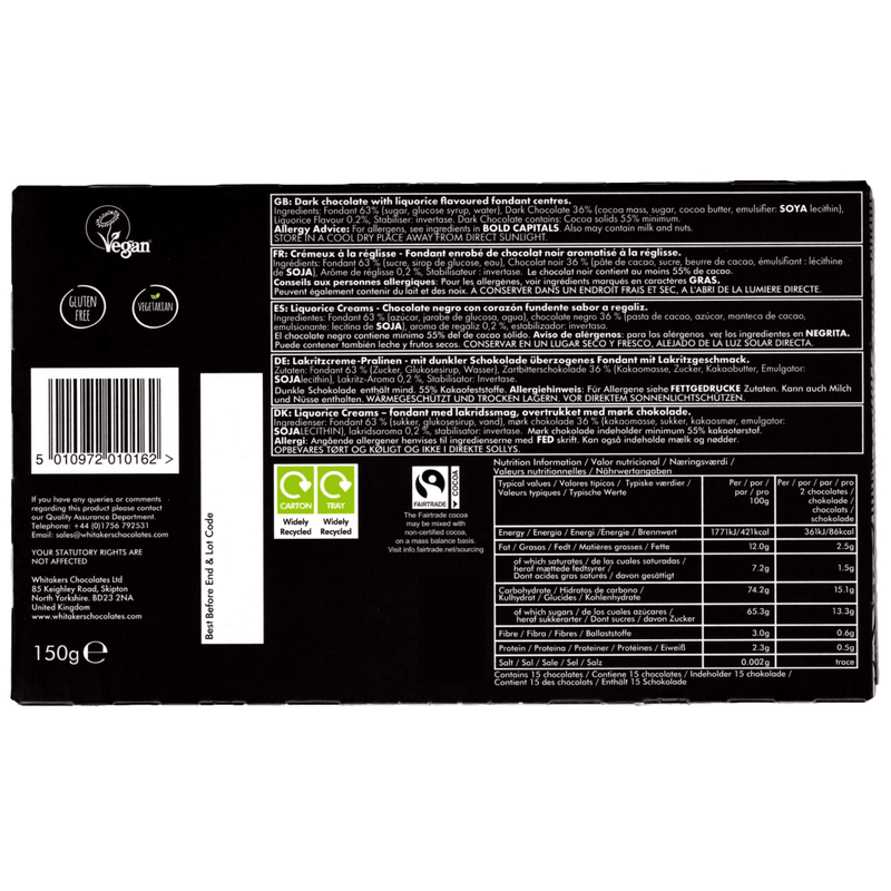 Whitakers Dark Chocolate Liquorice Fondant Creams Gift Box 150g