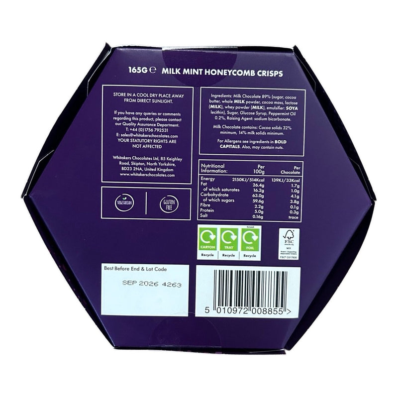 Whitakers Milk Chocolate Mint Honeycomb Crisps 165g - Happy Candy UK LTD