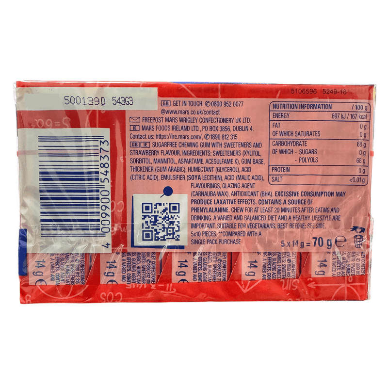 Wrigleys Extra Strawberry Chewing Gum 5 Pack Sugar Free 5 X 14g (70g)