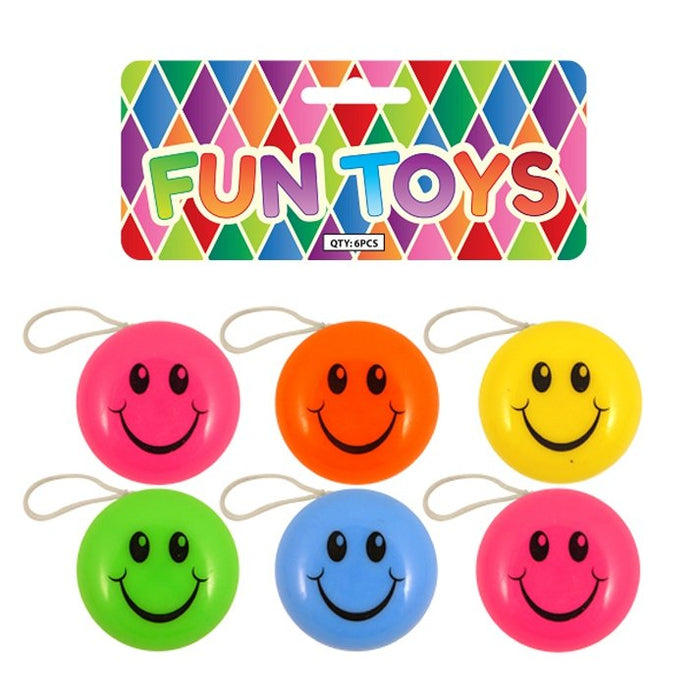 Mini Neon Return Top Yo-Yo with Smiling Faces 6 Pack - Happy Candy UK LTD